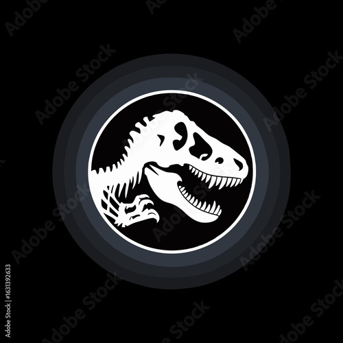 A stylized emblem featuring a T-Rex skeleton silhouette, with a dark and dramatic aesthetic