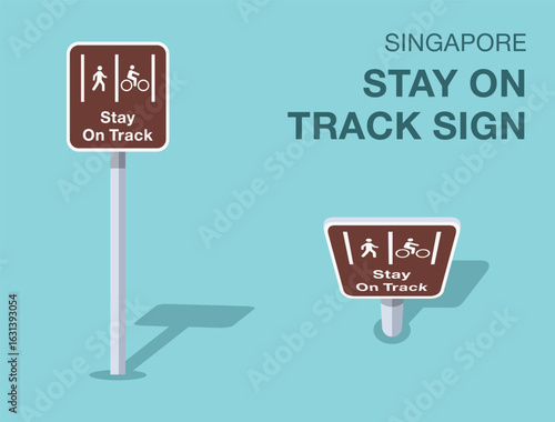 Traffic regulation rules. Isolated Singapore "stay on track" road sign. Front and top view. Flat vector illustration template.