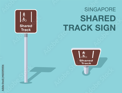 Traffic regulation rules. Isolated Singapore "shared track" road sign. Front and top view. Flat vector illustration template.