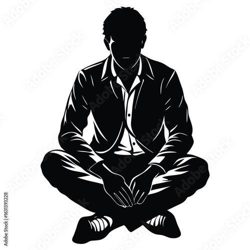 Black silhouette of a man sitting cross-legged with a white background, graphic style.
