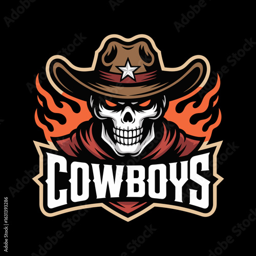 Cowboys Mascot Logo with Fiery Skull Wearing a Cowboy Hat, Featuring Bold Typography and Intense Orange Eyes, Perfect for Sports Teams, Gaming, and Western Themes