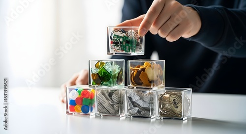 Hand organizing sorted waste into a pyramid. A concept for recycling management and trash segregation including e-waste and plastic