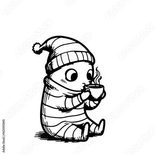 Cartoon Character Drinking Hot Beverage – Line Art Illustration