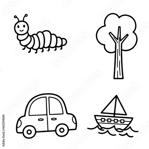 Set of Cartoon Line Icons – Caterpillar, Tree, Car, Boat