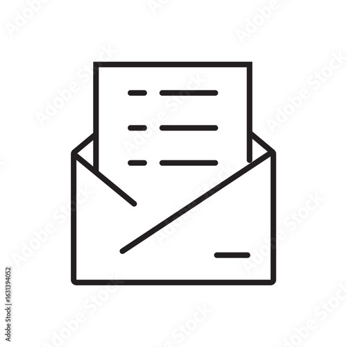 Black and white outline drawing of mail icon featuring an opened envelope with letter. Suitable for email services or communicationsrelated designs.