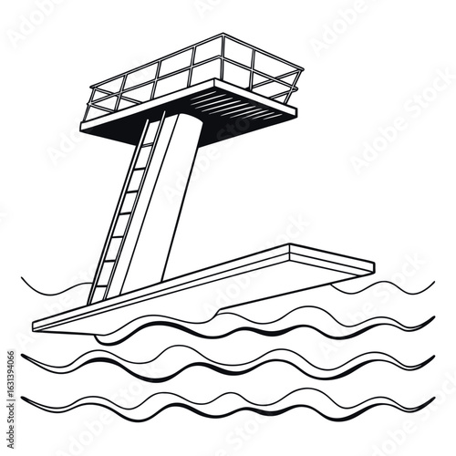 3d icon of diving board over wavy water isolated on white background