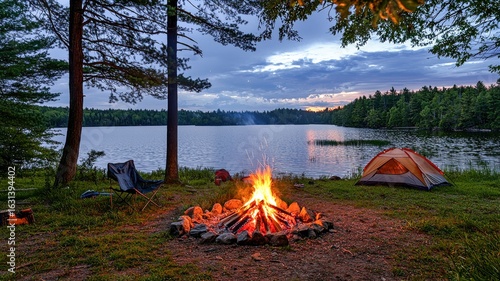 Tranquil lakeside bivouac with stars and camp chairs