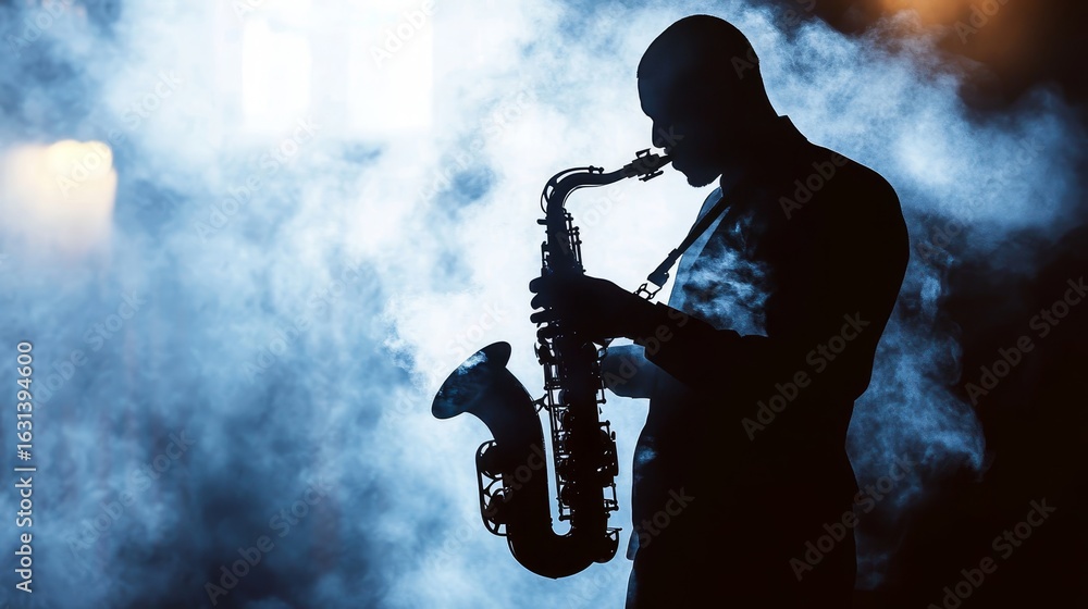 Obraz premium Silhouetted Jazz Musician Playing Saxophone on Stage with Smoke and Dramatic Lighting Effects