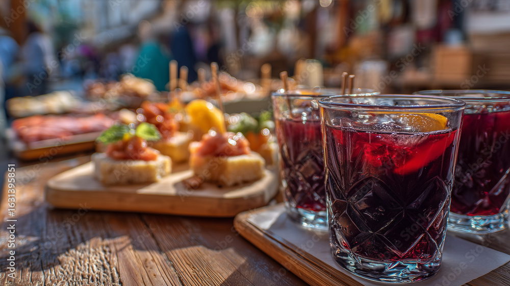 Obraz premium Feria de San Miguel (Sevilla), close-up of tapas and sangria on a wooden table, blurred background of fair activity