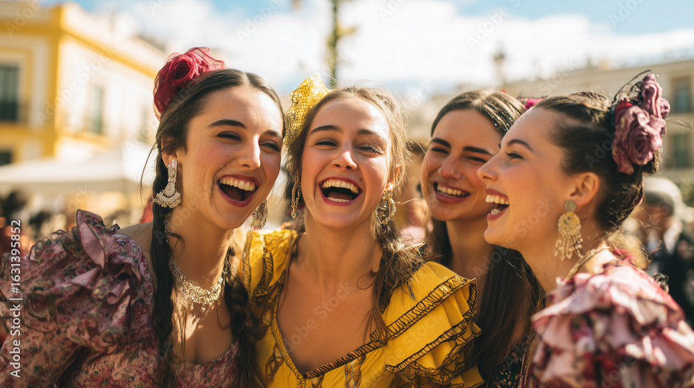 Fototapeta premium Feria de San Miguel (Sevilla), group of friends dressed in feria outfits laughing and celebrating outdoors