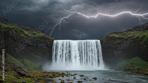 Dramatic waterfall cascade under intense lightning display in Iceland landscape featuring powerful