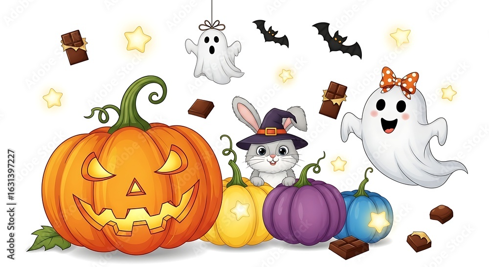 Obraz premium Adorable Halloween Cartoon: Jack-o'-lantern, bunny witch, ghosts, bats, and chocolate. Whimsical, festive, and fun.