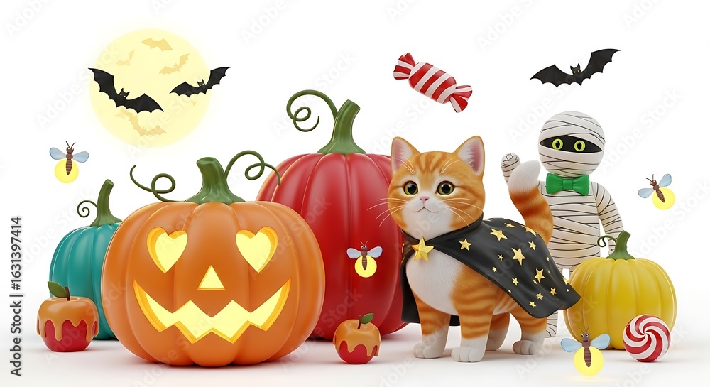 Fototapeta premium Cute Kitten and Mummy in Halloween Costumes with Jack-o'-Lanterns, Bats, and Candy.