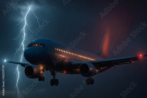 Passenger airplane flying through stormy weather at night