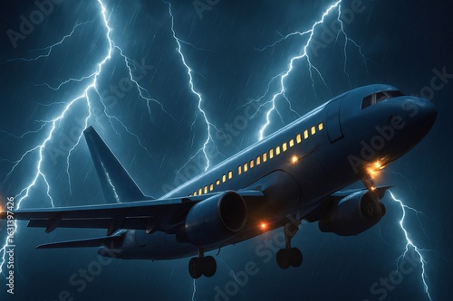 Passenger airplane flying through stormy weather with lightning