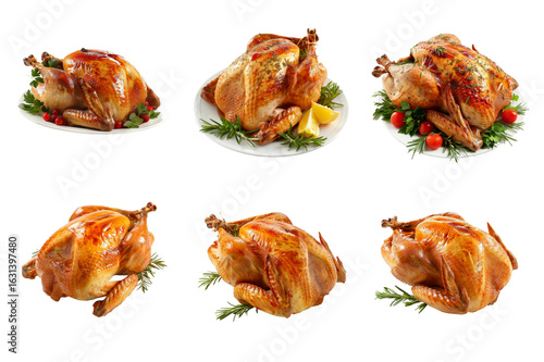 Assortment of Roasted Turkeys with Garnish on White Background Food Photography
