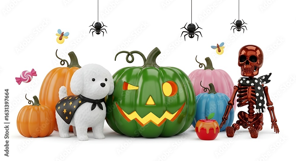 Fototapeta premium Playful 3D Rendered Halloween Scene: Cute Puppy, Jack-o'-Lantern, Skeleton, and Candy.