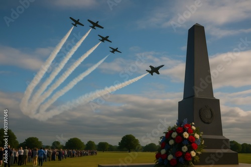 Air force performing aerobatic show over Runnymede Air Forces Memorial during commemoration ceremony