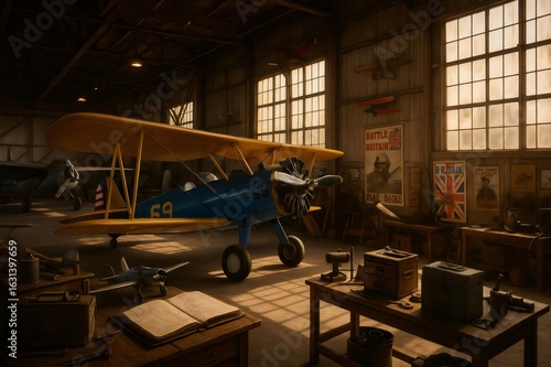 Boeing Stearman Model 75 Kaydet resting in hangar during Battle of Britain