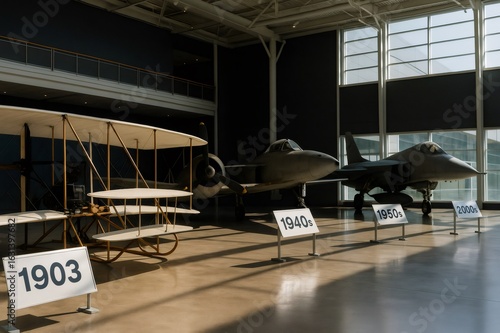 Evolution of aircraft design from 1903 to 2000s in aviation museum