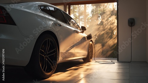 White electric car charging at wall station in modern sunlit home garage