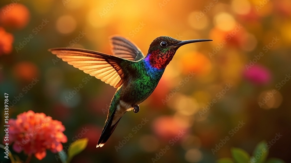 Fototapeta premium Hummingbird Flying in Colorful Garden