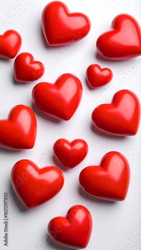 Red hearts scattered on white