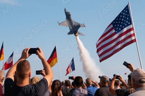 F 16 fighting falcon performing at air show with spectators waving american flag