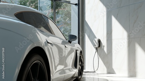 White electric car charging at wall station in modern sunlit home garage