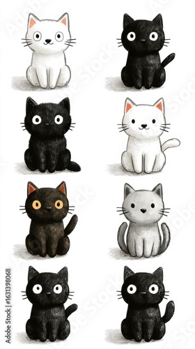 Various cute cartoon cats in playful poses displayed in a vertical arrangement, showcasing different colors and expressions
