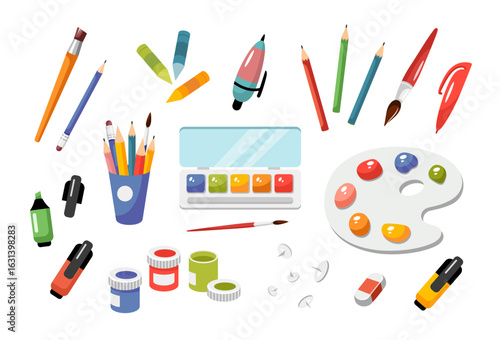 Painting and drawing elements set. Watercolor paints, paint brush, pencil, palette, gouache, crayon. Art supply. Vector hand drawn illustration isolated on white. Cartoon style, flat design.