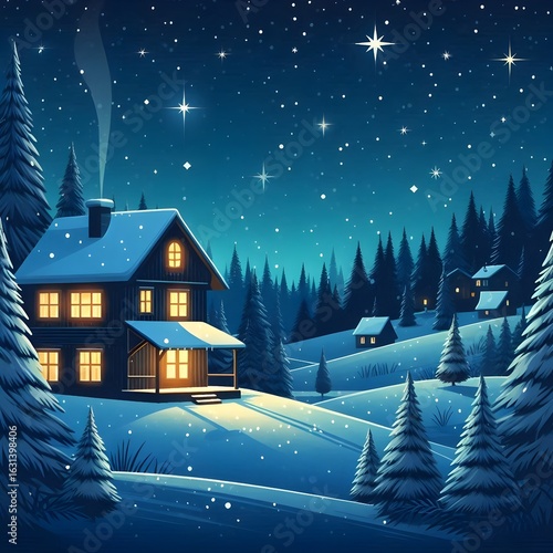  Vector night winter landscape with house and forest background