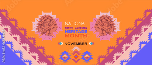 Native American Heritage Month in November Celebrate annual in United States Tradition geometrical ornament pattern. Poster, banner background American Indian culture Vector flat icon illustration