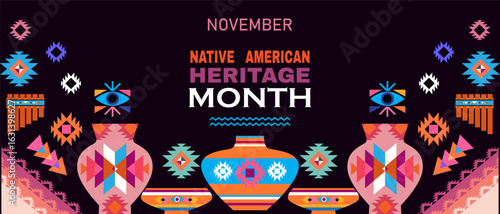 Native American Heritage Month in November Celebrate annual in United States Tradition geometrical ornament pattern. Poster, banner background American Indian culture Vector flat icon illustration