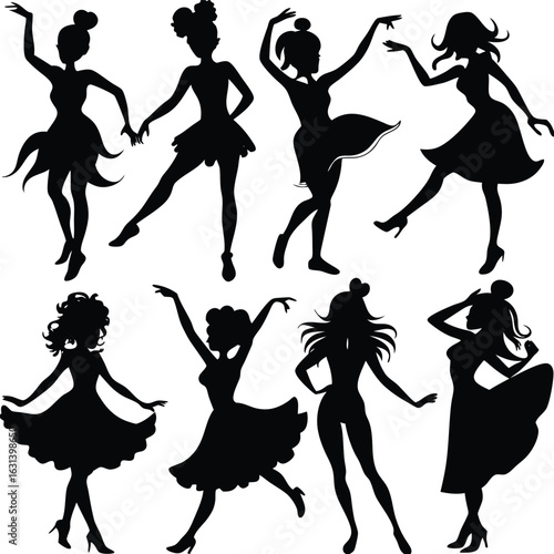 Elegant women dancing in various poses and dresses