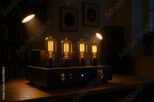 Modern tube amplifier glowing in dark room