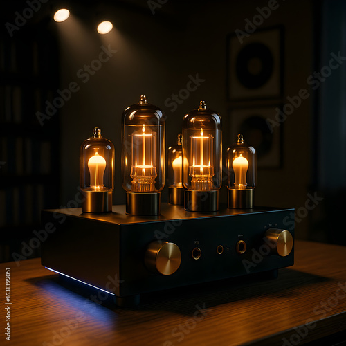 Glowing vacuum tubes illuminating modern stereo amplifier in dark room