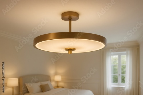 Modern round ceiling lamp illuminating bedroom with warm light