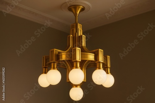 Ornate brass chandelier illuminating room with soft white light