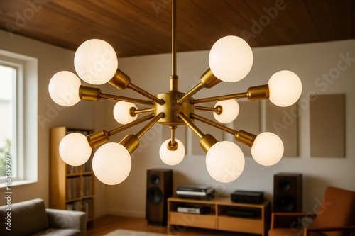 Modern gold sputnik chandelier illuminating living room with wooden ceiling