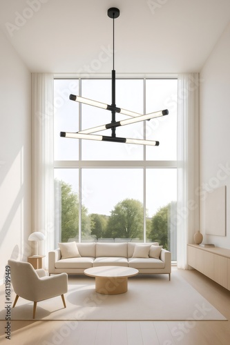 Modern chandelier illuminating minimalist living room with large windows