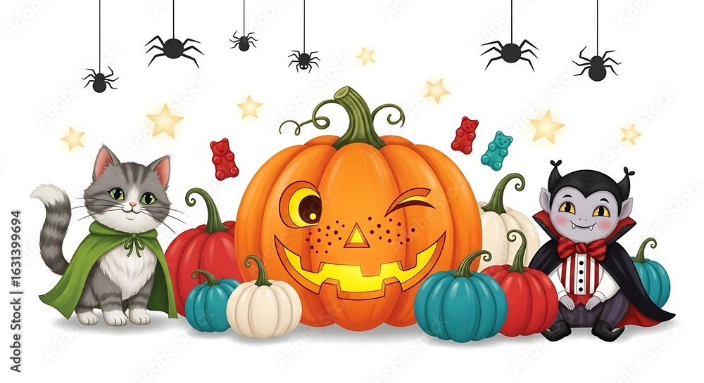 Fototapeta premium Adorable Halloween Illustration: Winking Pumpkin, Cute Cat, and Vampire with Candy and Spiders.