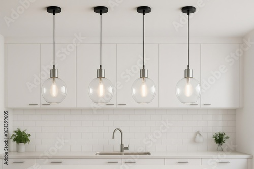 Four modern pendant lights illuminating contemporary white kitchen
