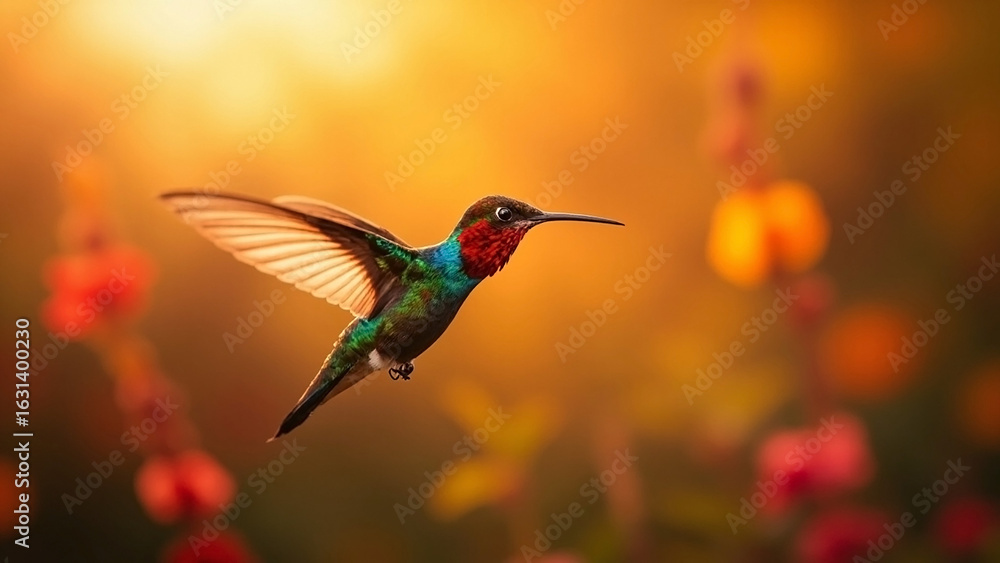 Naklejka premium Close-Up of Flying Hummingbird at Dusk