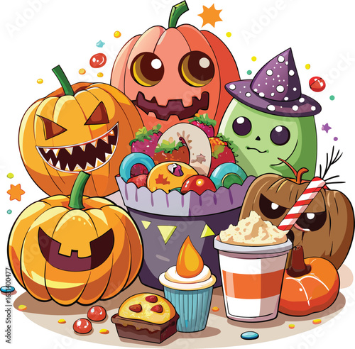 Cute halloween characters and treats including pumpkins a witch candy cupcakes and popcorn