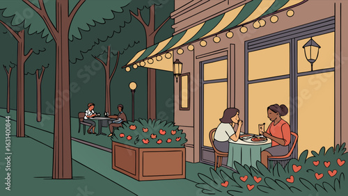 Illustration of outdoor cafe with people dining and socializing in a romantic evening setting scene art