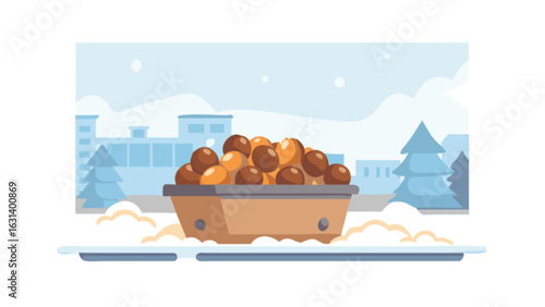 Winter christmas market food stall with sweet chestnuts and snow background vector illustration design