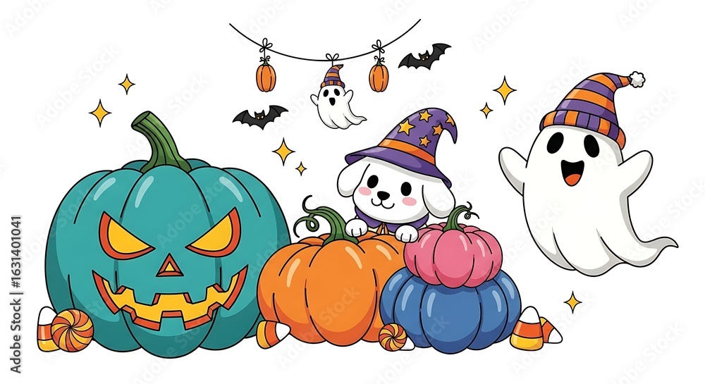 Fototapeta premium Adorable Cartoon Dog, Ghost, and Pumpkins: Festive Halloween Illustration, Whimsical Style