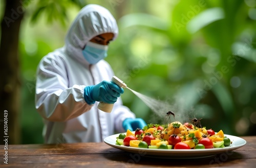 Sanitation worker in protective suit poisoning mosquitoes that fly over a plate of food.