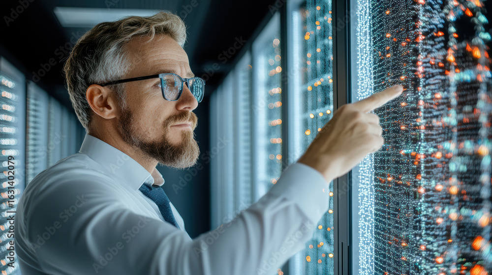 Fototapeta premium Data analyst examining digital information high tech environment, showcasing advanced technology